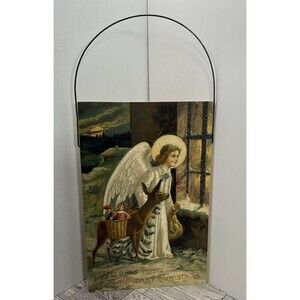 CHRISTMAS POSTCARD Style on WOOD Mica GLITTER Hanging Wall Art Angel Deer 21x10